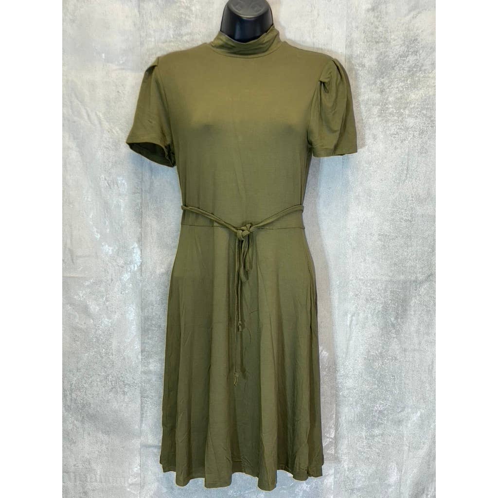 RDI Women's Olive Mock Neck Puff Short Sleeve Tie Waist Fit & Flare Mini Dress SZ S