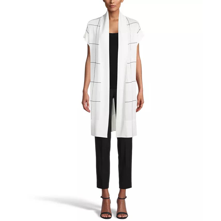 ANNE KLEIN Women's Plus Cream Windowpane Open-Front Long Short-Sleeve Cape SZ 2X