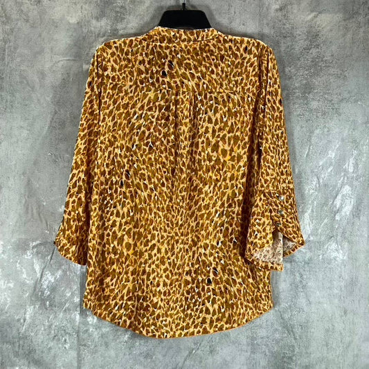 NY COLLECTION Women's Brown Leopard Y-Neck 3/4 Overlapped Bell Sleeve Top SZ L