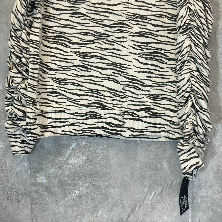 CHASER Women's Black-White Zebra Print Shirred Long Sleeve Crewneck Sweatshirt SZ S