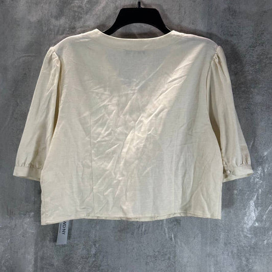 WD.NY Women's Cream V-Neck Button-Down Puff Elbow-Sleeve Top SZ XL