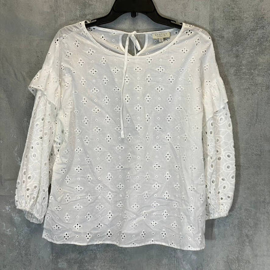 STATUS BY CHENAULT Women's White Eyelet Round Neck 3/4 Puff Sleeve Top SZ M