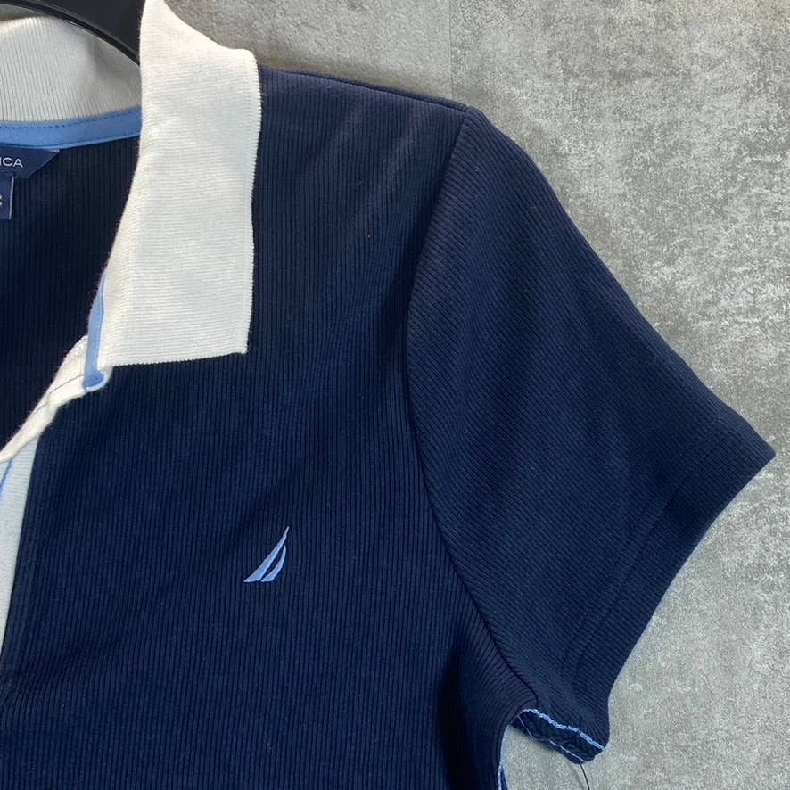 NAUTICA Women's Navy Split Spread Collar Ribbed Short Sleeve Polo Top SZ M