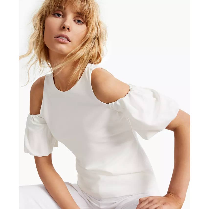 INC INTERNATIONAL Women's Washed White Cold-Shoulder Balloon Sleeve Top SZ L