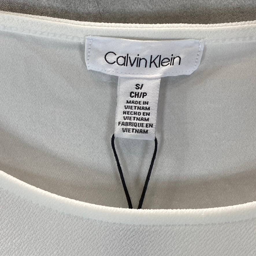 CALVIN KLEIN Women's Soft White Round-Neck 3/4 Blouson-Sleeve Top SZ S