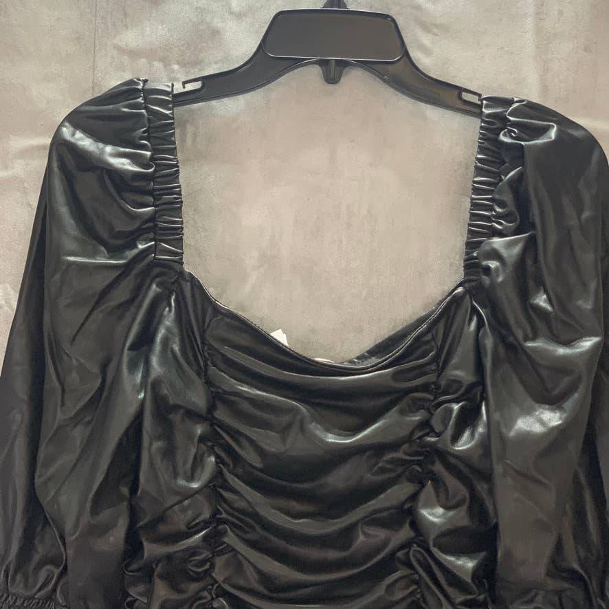 TOPSHOP Black Faux Leather 3/4 Sleeve Ruched Mini Dress SZ 10