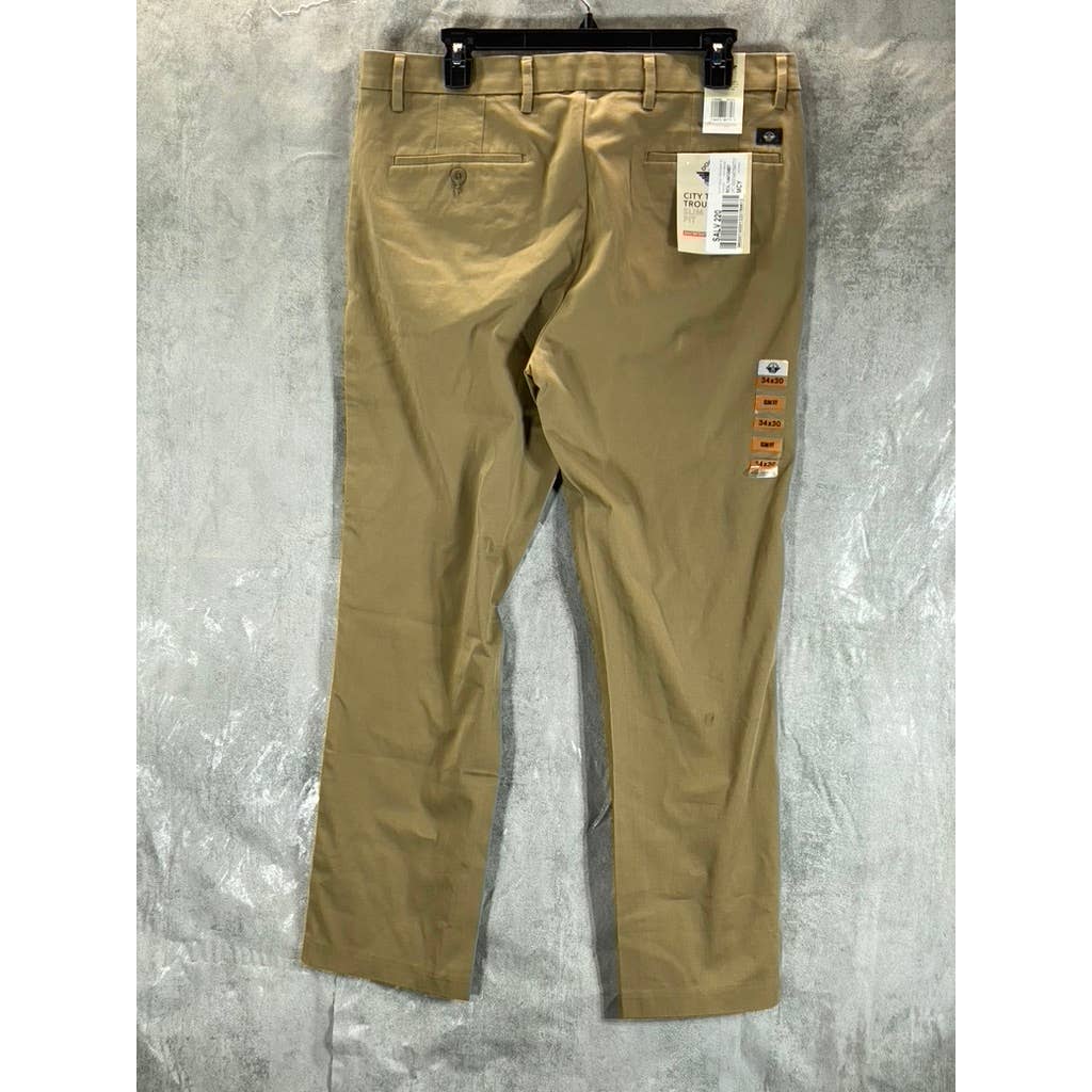 DOCKERS Men's Tan Slim-Fit Flat Front City Tech Trousers SZ 34X30
