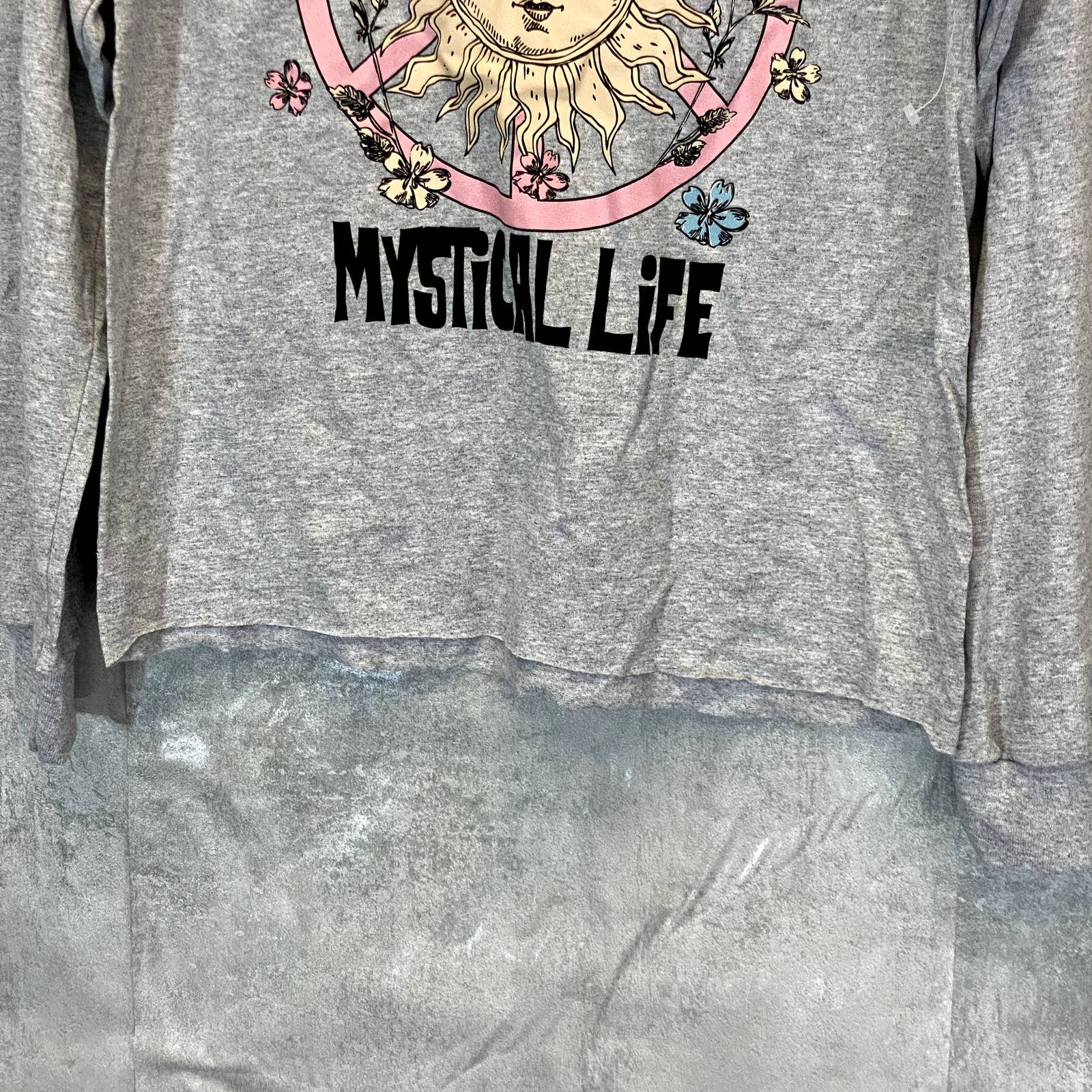 COZY ROZY Women's Heather Charcoal Graphic Crewneck Long Sleeve Raw Hem T-Shirt SZ M