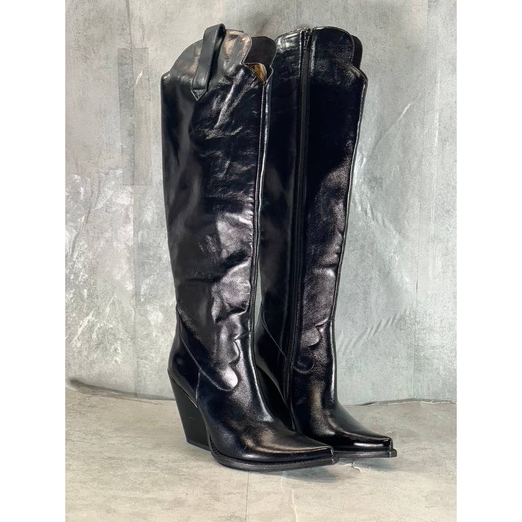 JEFFREY CAMPBELL Women's Black Leather Amiga Pointed-Toe Knee-High Boots SZ 6.5