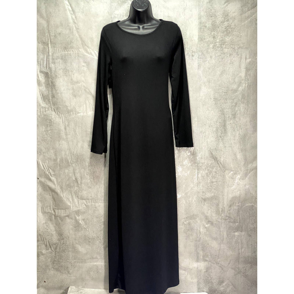 24SEVEN COMFORT APPAREL Solid Black Fitted Long Sleeve Side Slit Maxi Dress SZ XL