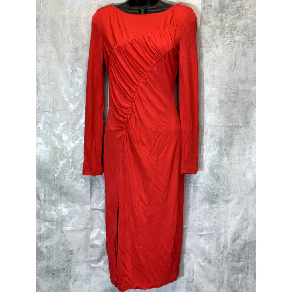 RACHEL ZOE Women's Red Ruched Long Sleeve Side Slit Knee Length Jersey Dress SZ4