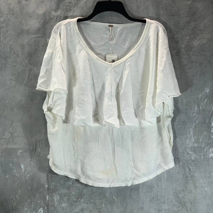 FREE PEOPLE Women's Optic White Girl Talk V-Neck Layered Short-Sleeve Top SZ S