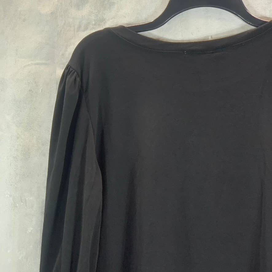 NY COLLECTION Women's Black Rhinestone Scoop-Neck Elbow Sleeve Crepe Top SZ L