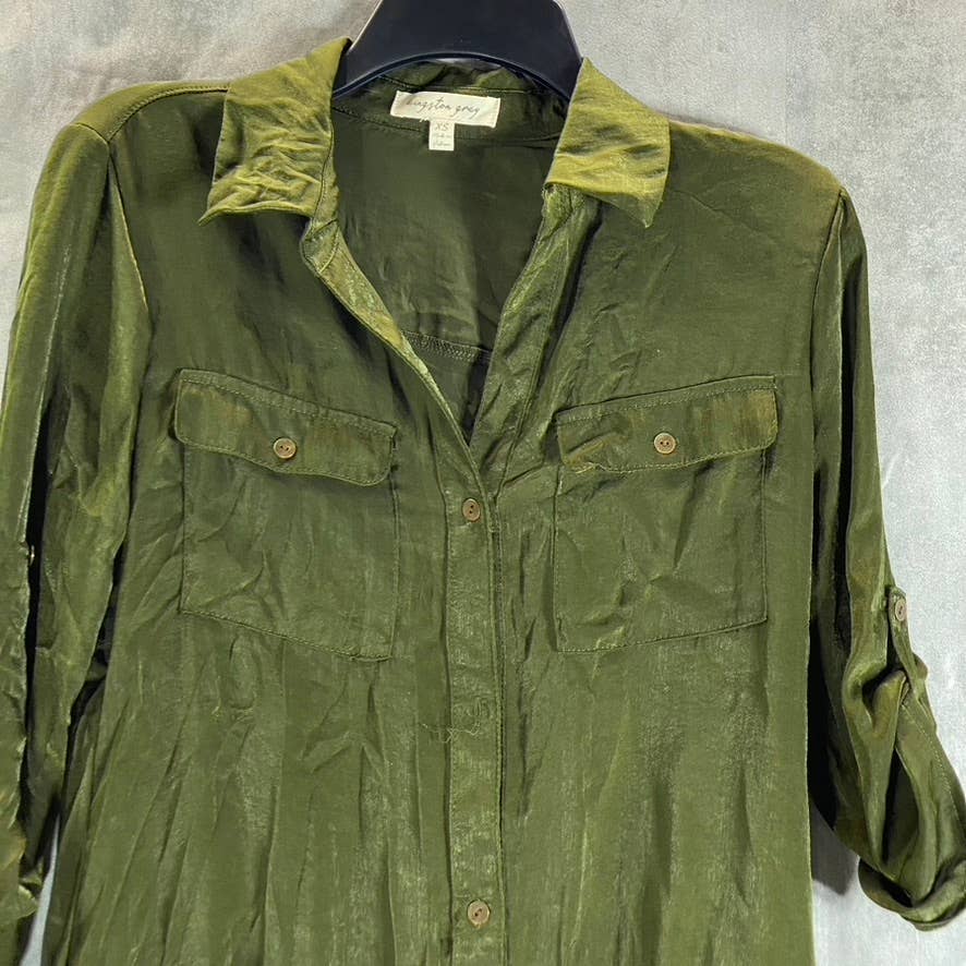 KINGSTON GREY Juniors' Olive Ruffle-Hem Long-Sleeve Button-Front Shirtdress SZXS