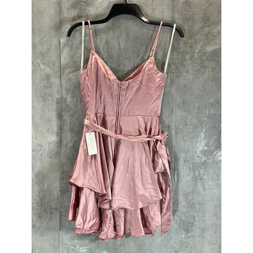B. DARLIN Juniors' Rose Blush Satin Spaghetti Strap Faux Wrap Tiered Dress SZ5/6