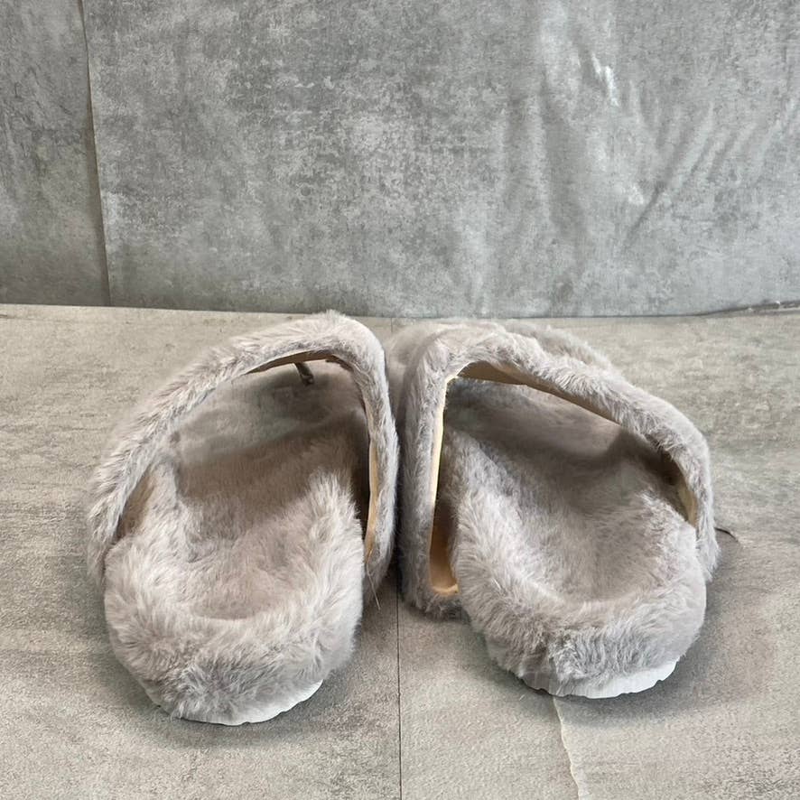 OLIVIA MILLER Women's Gray Faux-Fur Chloe T-Strap Thong Slip-On Slippers SZ 9