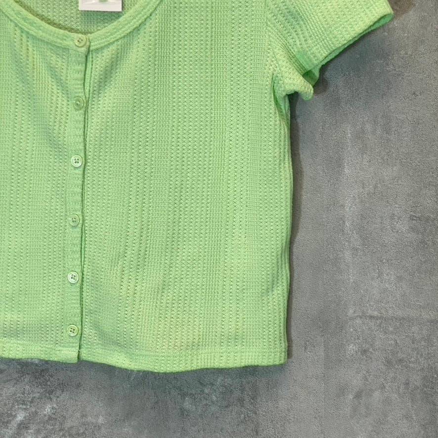 ELODIE Women's Neon Green Waffle Knit Short Sleeve Scoop Neck Button-Up Crop Top SZ XL