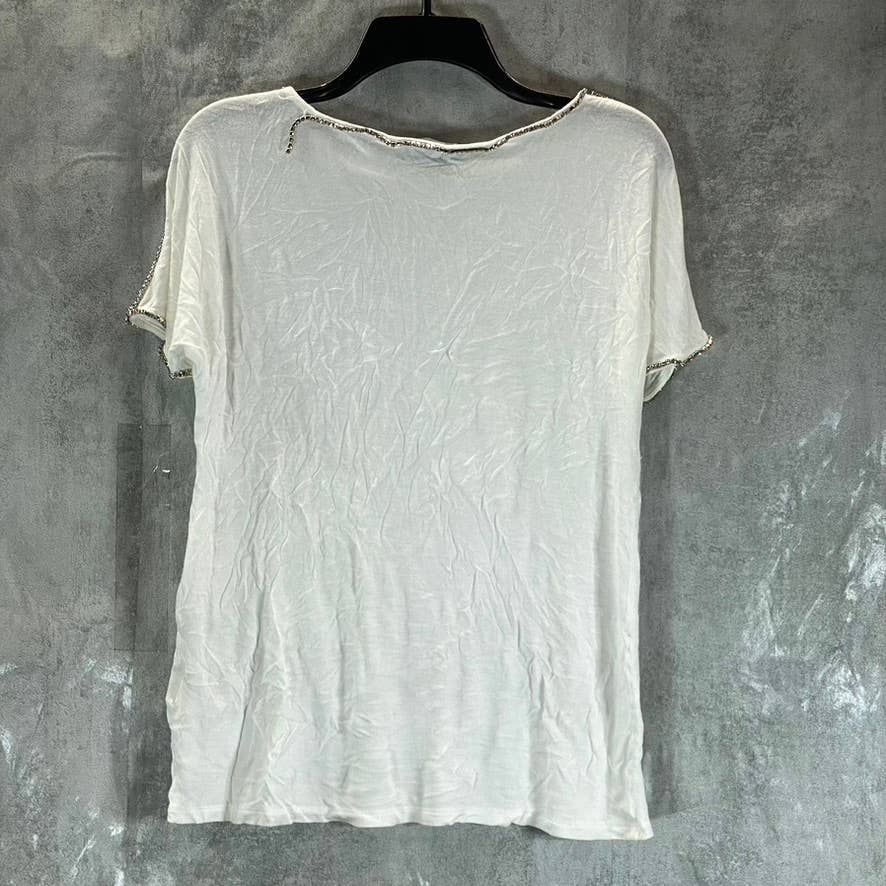 INC Women's Bright White Jewel-Embellished Crewneck Short-Sleeve Top SZ M