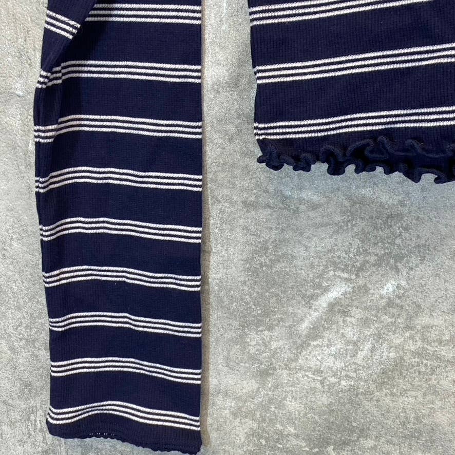 ABOUND Women's Navy Nantucket Stripe V-Neck Long Sleeve Lettuce Hem Top SZ M