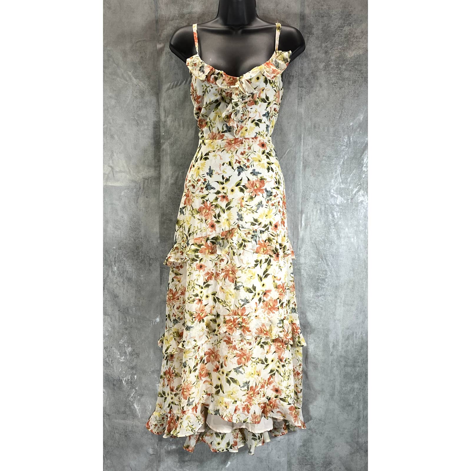 MSK Women's Blush Multi Floral Tiered Ruffle V-Neck Adjustable Strap Midi Dress