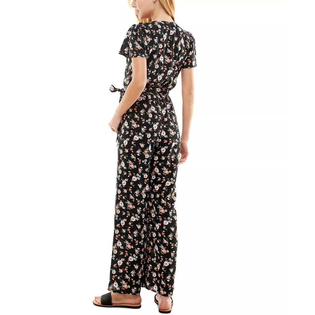 KINGSTON GREY Juniors' Black Floral Ruffle V-Neck Tie-Waist Pant Jumpsuit SZ S