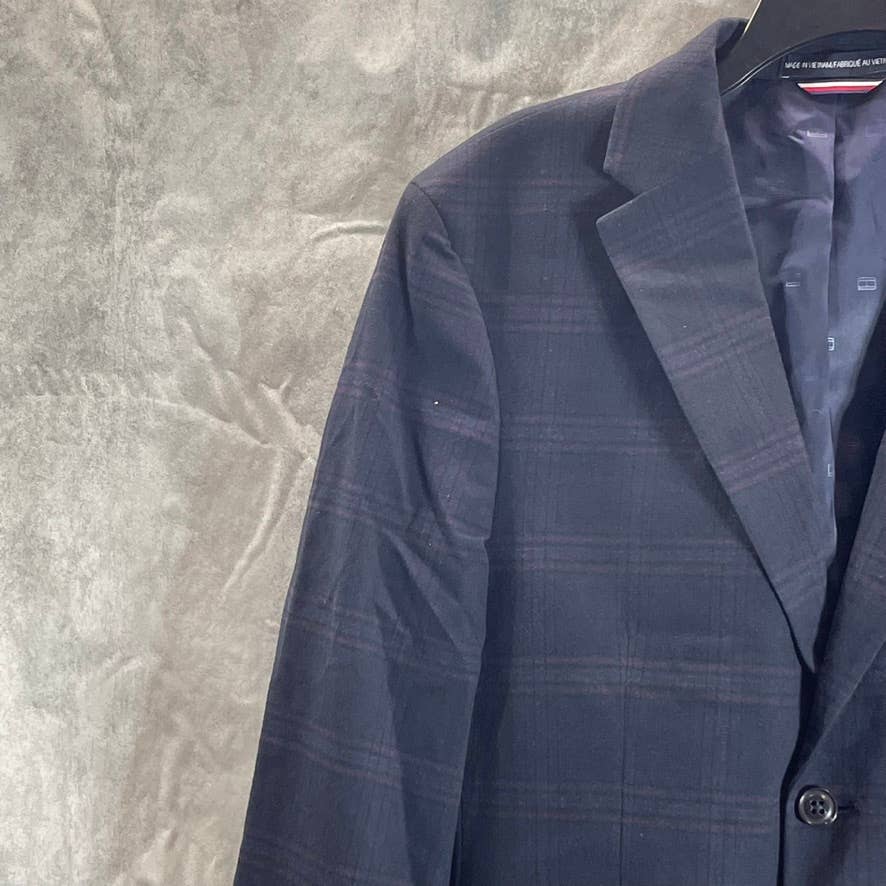 TOMMY HILFIGER Men's Short Navy-Burgundy Plaid Modern-Fit Two-Button Blazer