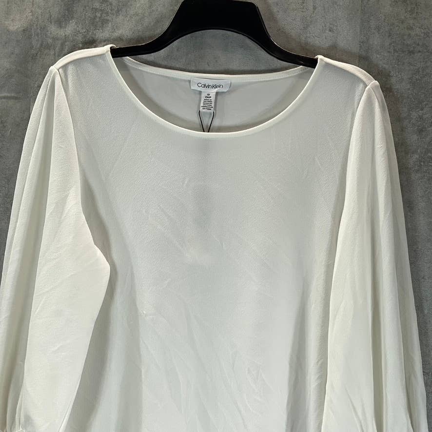 CALVIN KLEIN Women's Soft White Round-Neck 3/4 Blouson-Sleeve Top SZ S