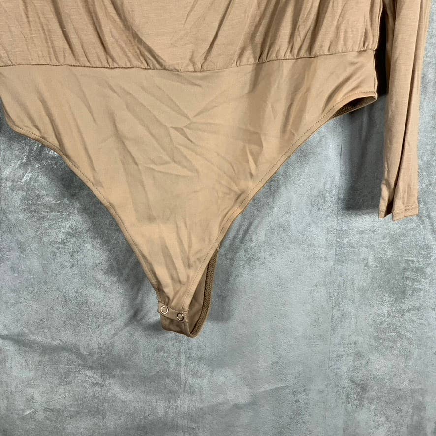 JEANNIE MAI X INC Women's Champagne Nude Cowl-Neck Long-Sleeve Bodysuit SZ L