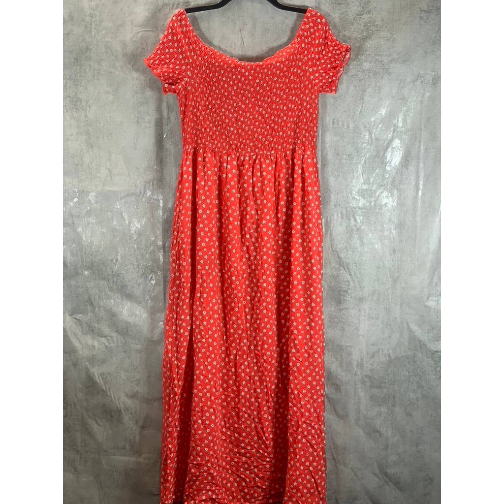 NY COLLECTION Women's Red Floral Off-The-Shoulder Smocked Side-Slit Dress SZ XL