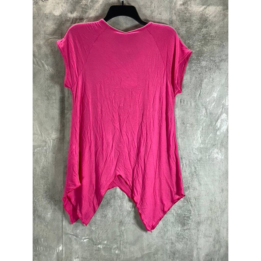 WHITE MARK Women's Fuchsia Beaded Short Sleeve Shark Bite Hem Tunic Top SZ M