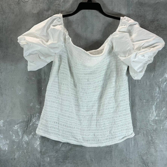 INC INTERNATIONAL CONCEPTS Women's Washed White Smocked Puff-Sleeve Top SZ XL