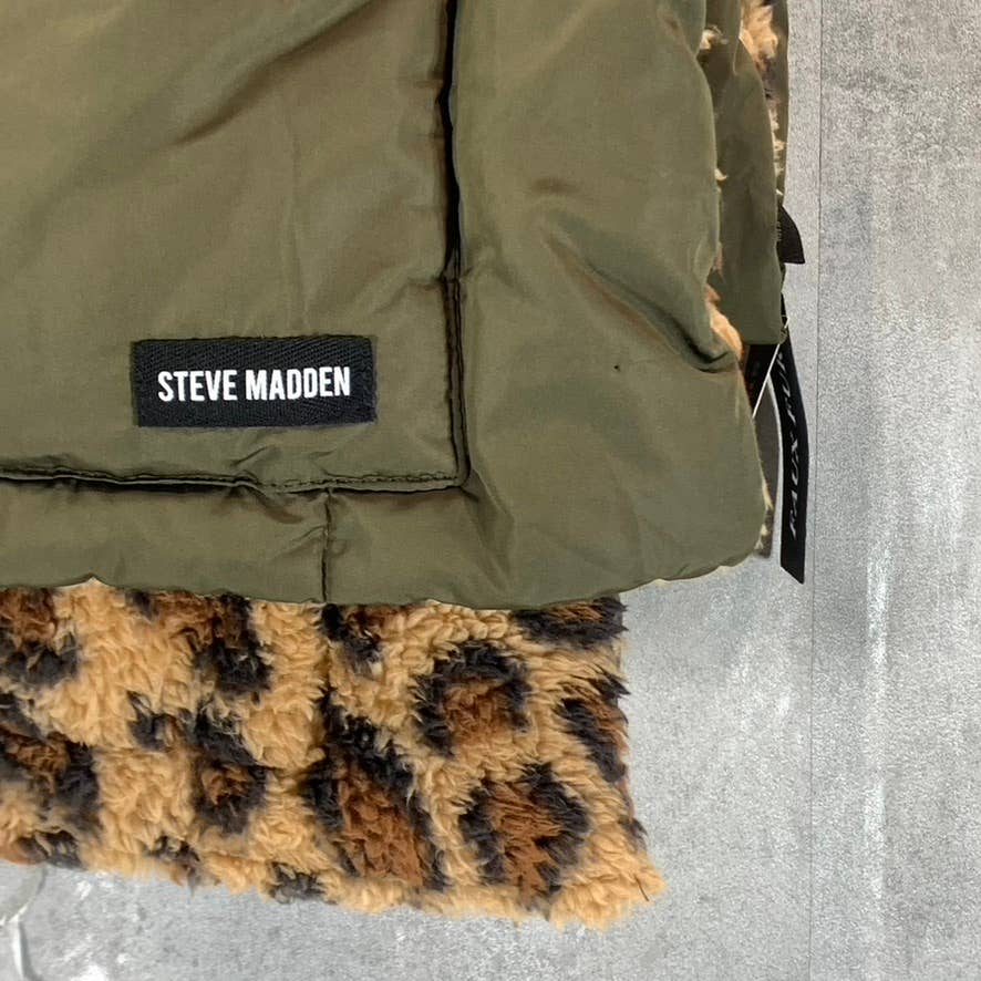STEVE MADDEN Women's Green/Animal-Print Fleece Pocket Puffer Scarf SZ OS