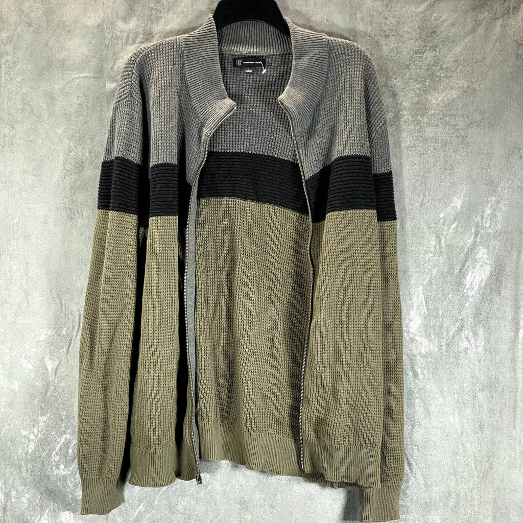 INC INTERNATIONAL Men's Green Tea Leaf Colorblocked Cotton Full-Zip Sweater SZ L