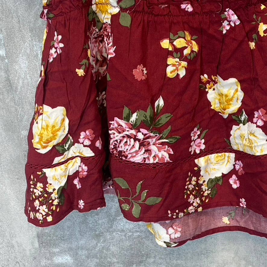 DEREK HEART Women's Biking Red Floral Smocked Peplum Top SZ M