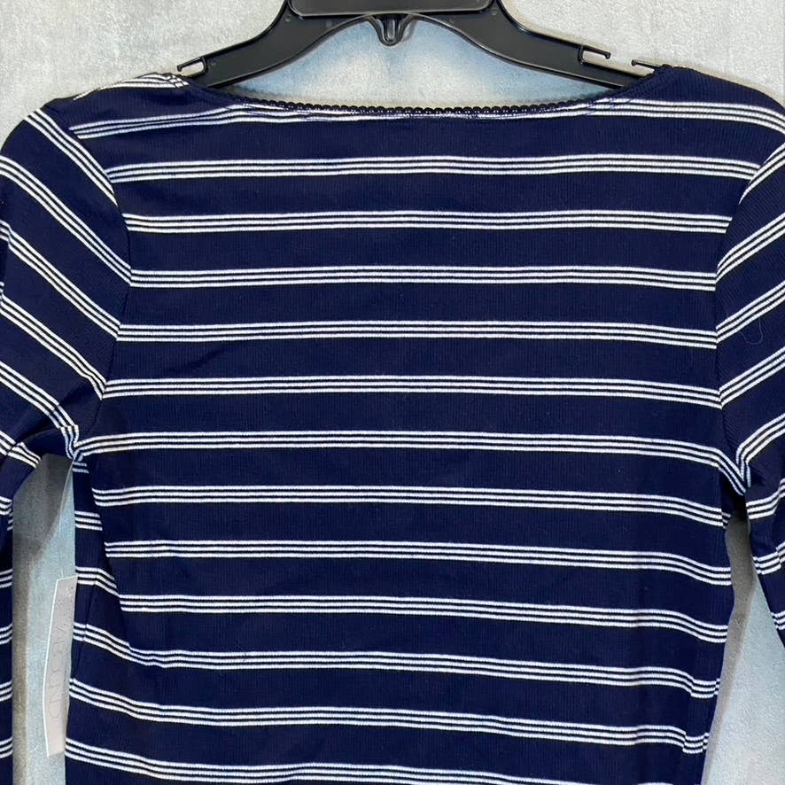 ABOUND Women's Navy Nantucket Stripe V-Neck Long Sleeve Lettuce Hem Top SZ M