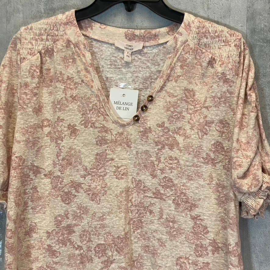 COMO VINTAGE Women's Apple Butter Combo Printed V-Neck Ruched Elbow Sleeve Top SZ S