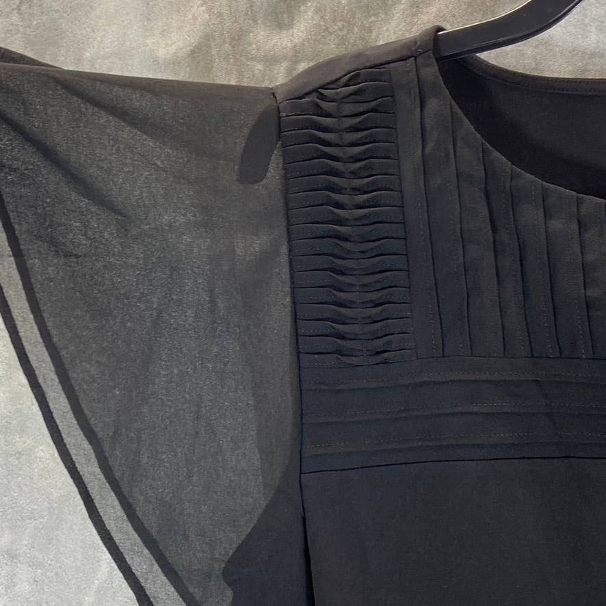 CALVIN KLEIN Women's Black Scoop-Neck Pintuck-Yoke Flutter-Sleeve Top SZ S