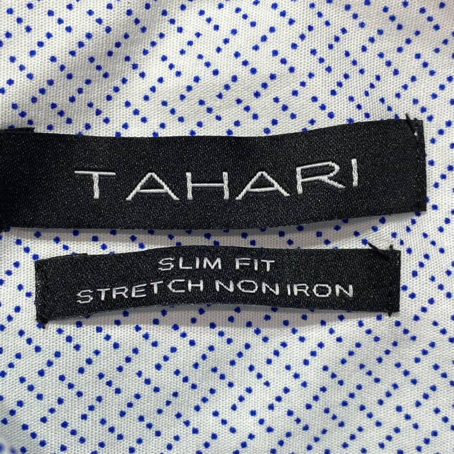 TAHARI Blue/White Geometric Print Button Down Slim Fit Stretch Non Iron Shirt SZ 17-17.5 34-35