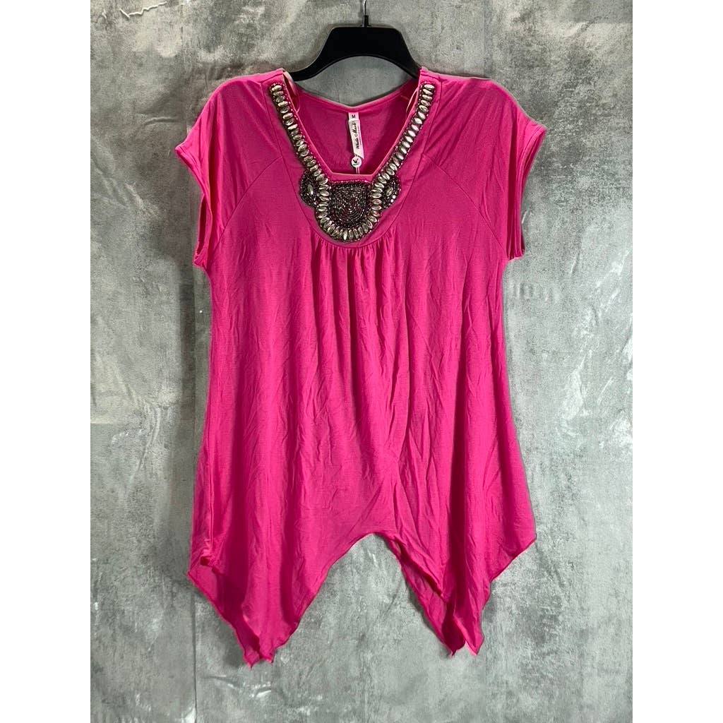 WHITE MARK Women's Fuchsia Beaded Short Sleeve Shark Bite Hem Tunic Top SZ M