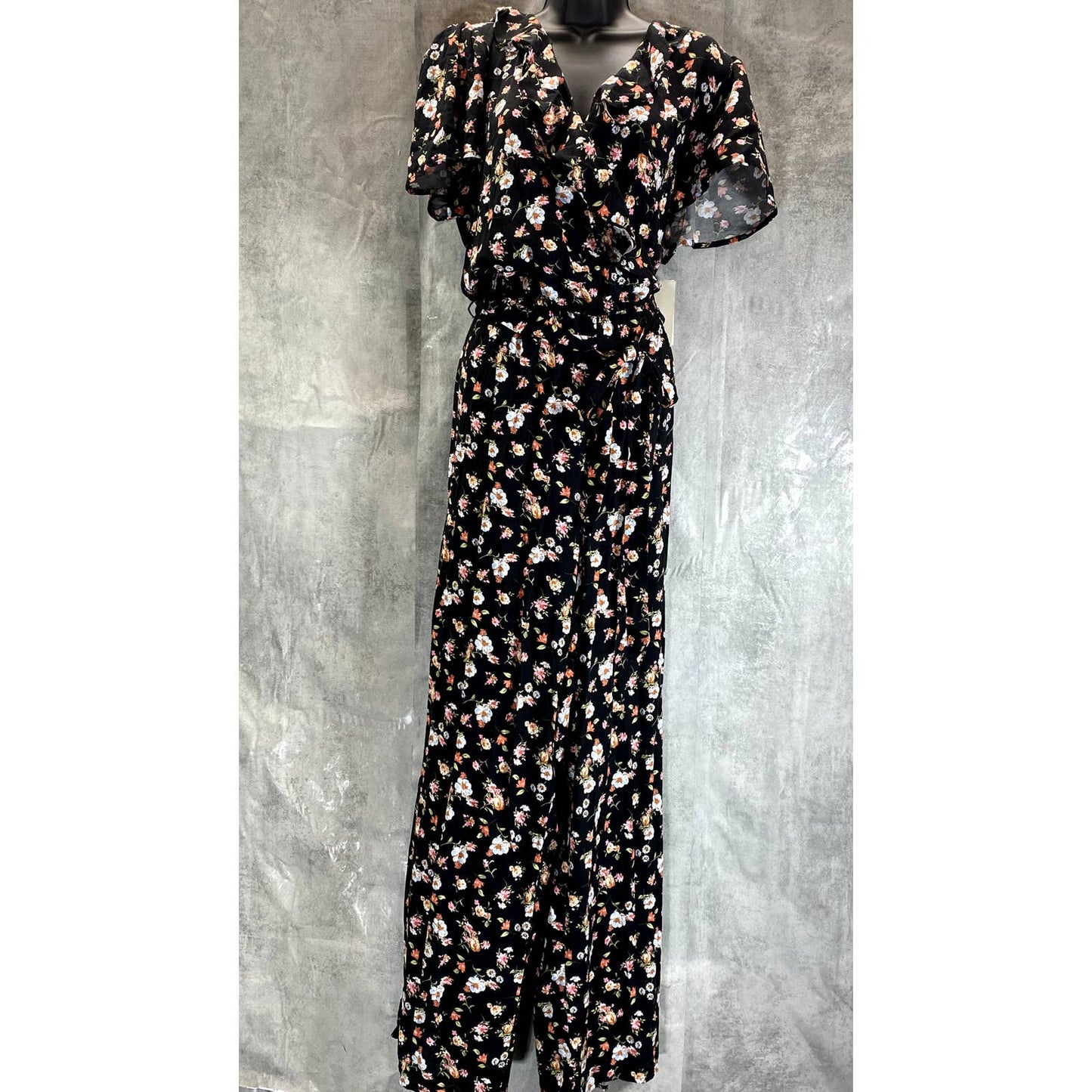 KINGSTON GREY Juniors' Black Floral Ruffle V-Neck Tie-Waist Pant Jumpsuit SZ 2XL