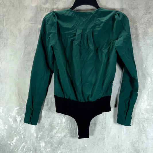 BAR III Women's Forest Edge Faux-Wrap Long-Sleeve Bodysuit SZ 2XS
