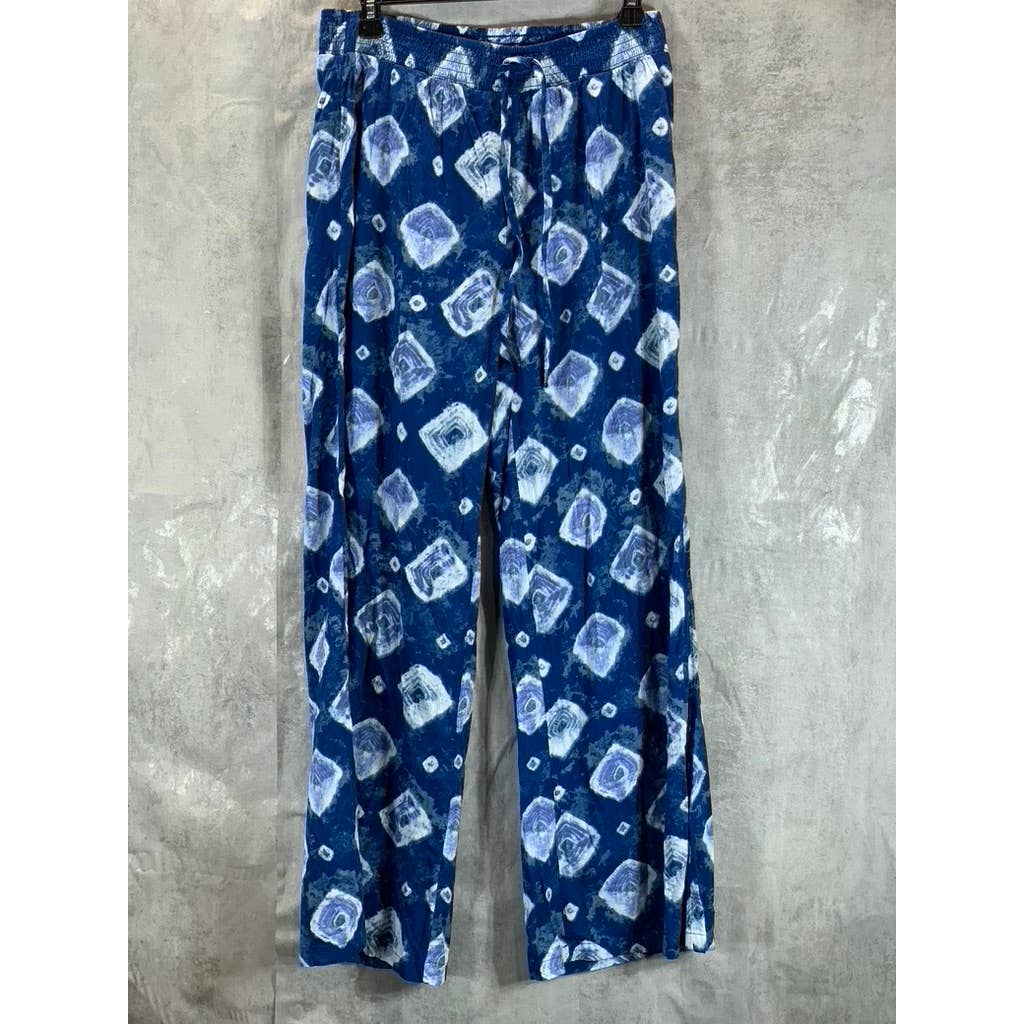 STYLE & CO Women's Blue Printed Mid-Rise Drawstring Wide-Leg Pull-On Pants SZ M