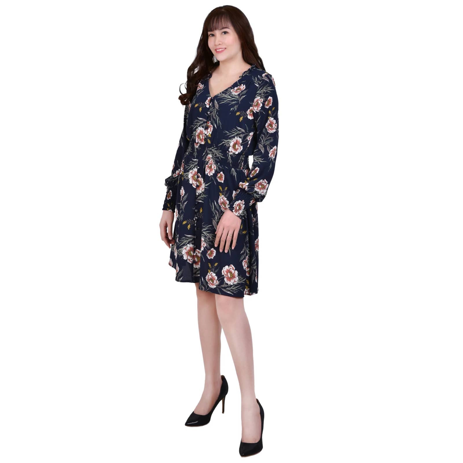 NY COLLECTION Women's Navy Floral V-Neck Smocked Long-Sleeve Fit & Flare Dress