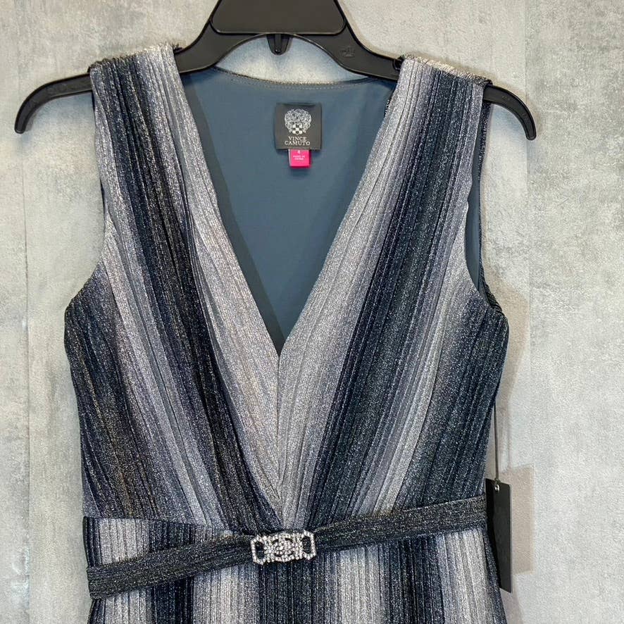 VINCE CAMUTO Women's Gunmetal Metallic Stripe Deep V-Neck Sleeveless Gown SZ 4