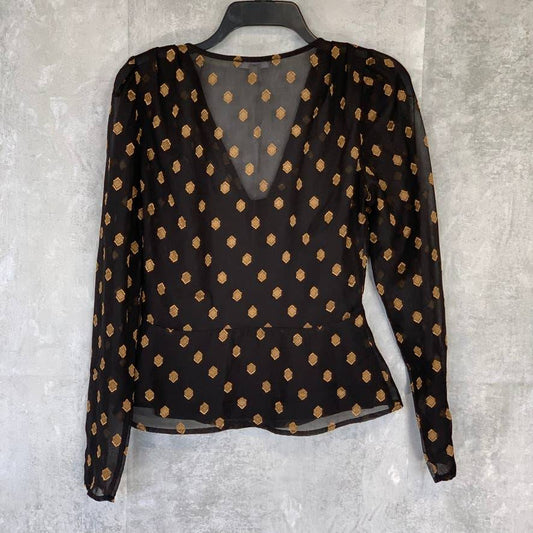 CHELSEA28 Black Gold Geo Dot Sheer Long Sleeve Wrap Top SZ S