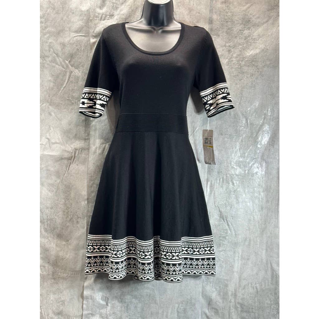NINA LEONARD Women's Black Knit Geometric-Trim Fit & Flare Mini Dress SZ M