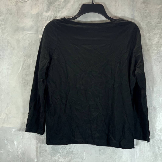 VINCE. Women's Solid Black Boatneck Cotton-Linen Long-Sleeve Top SZ S