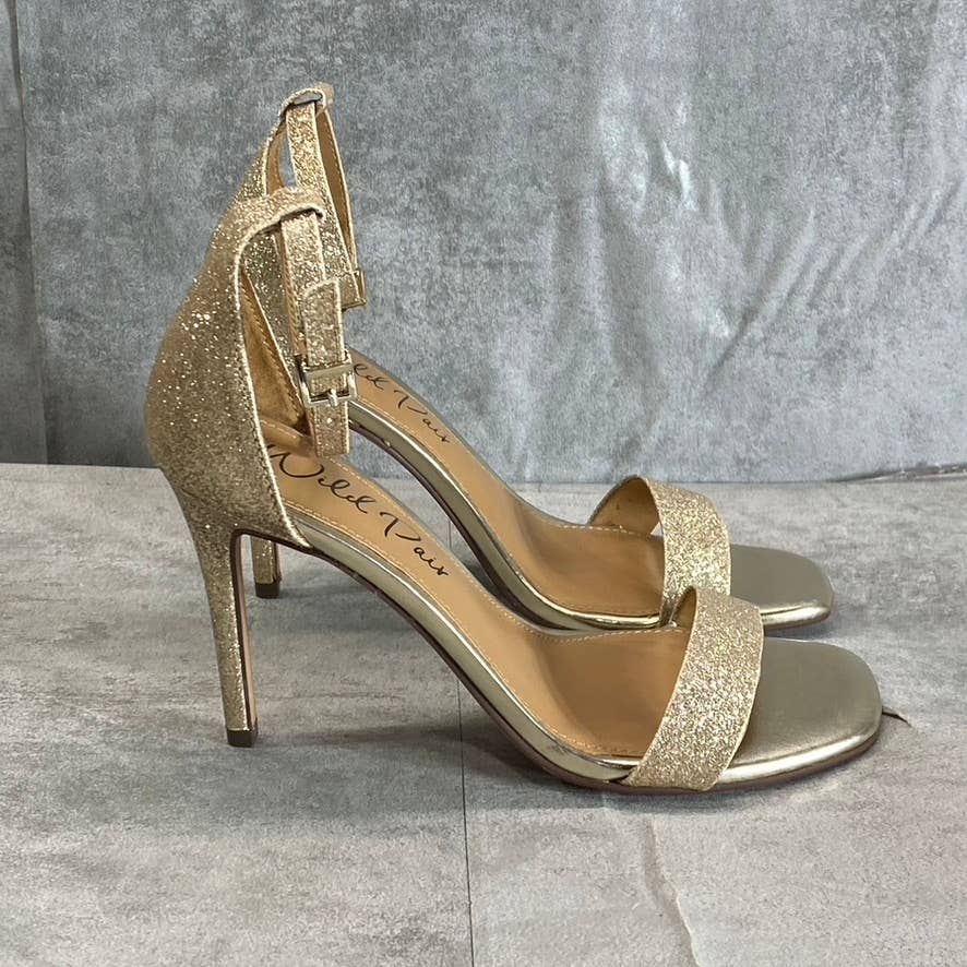 WILD PAIR Women's Light Gold Glitter Bethie Two-Piece Stiletto Dress Sandals SZ7