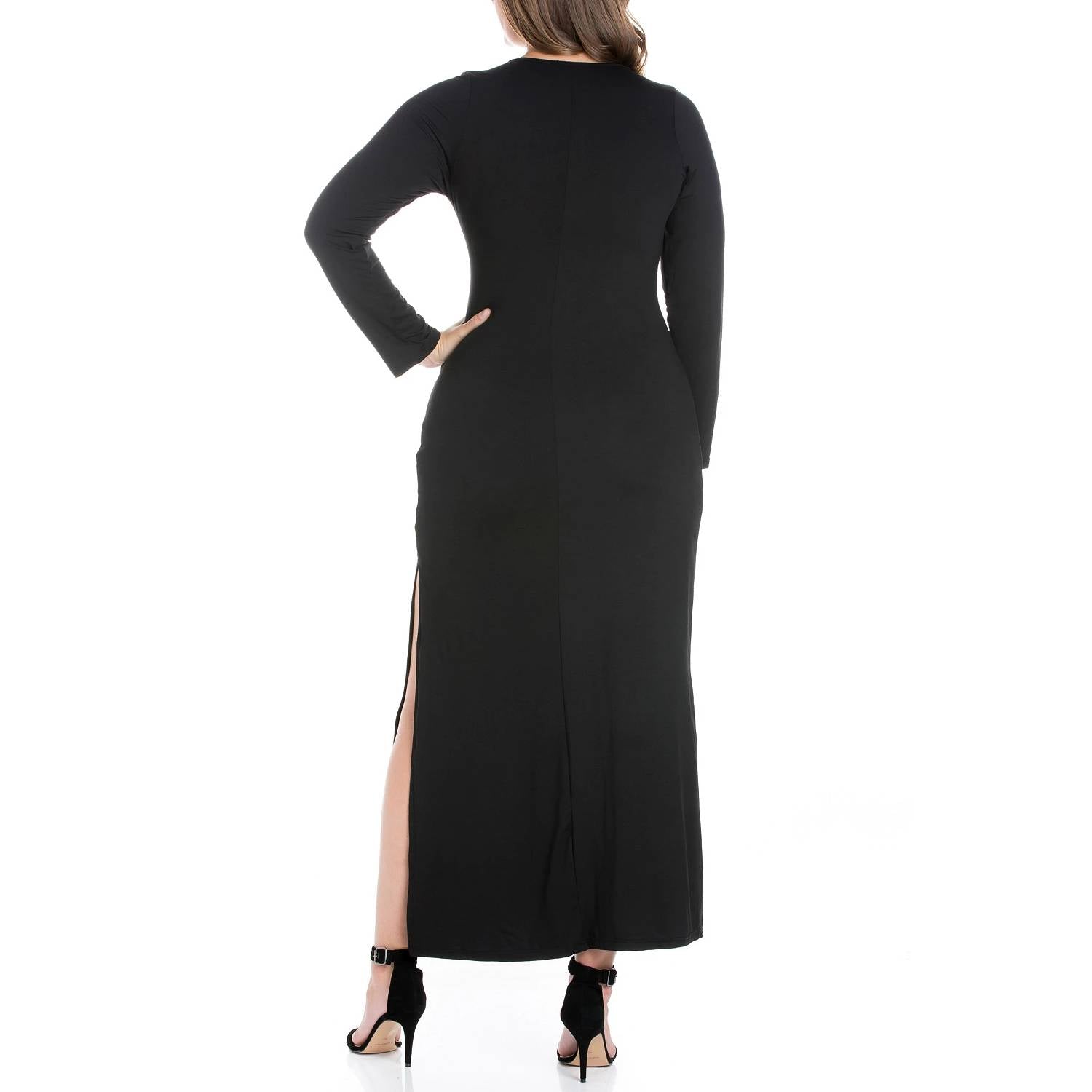 24SEVEN COMFORT APPAREL Solid Black Fitted Long Sleeve Side Slit Maxi Dress SZ XL