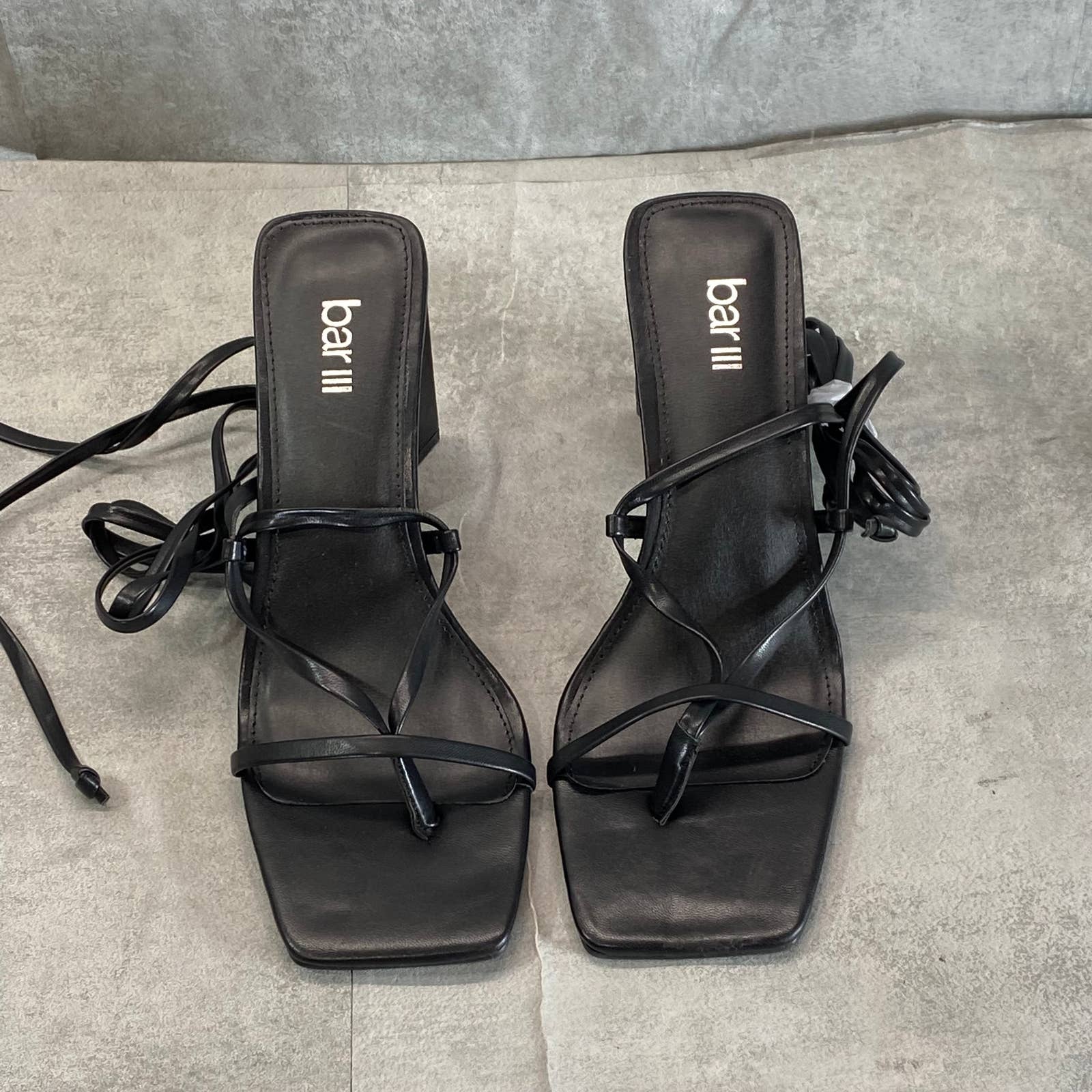 BAR III Women's Black Smooth Alana Tie-Up Geo-Heel Square-Toe Sandals SZ 8